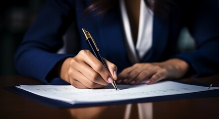 A professional woman in a suit as a commissioner of oaths,