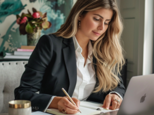 a woman sitting at a desk in a suit, online Online Notary Services